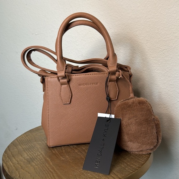 Kendall + Kylie brown mini crossbody tote bag with fuzzy coin purse, NWT - Picture 3 of 11